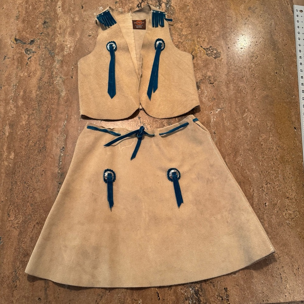 Vintage John R Craighead Childs Tan Leather Blue Ties Skirt and Vest Girls Large